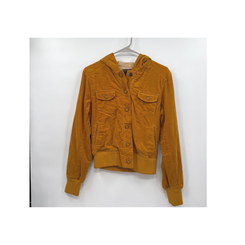 Forever 21 Medium Corduroy Bomber Jacket Womens Mustard Yellow Hooded Utility‎